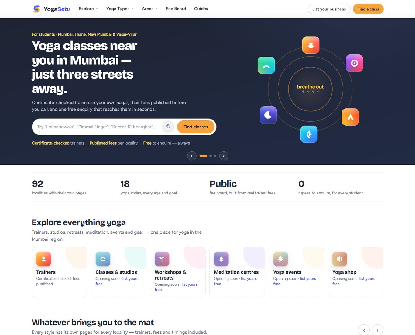 YogaSetu yoga class marketplace website for Mumbai, Thane and Navi Mumbai, designed and developed by Adinath Web Solutions