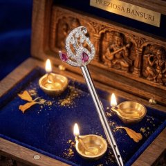 Silver-Toned CZ & Ruby-Red Paisley Motif Bansuri for Deity Idol Krishna