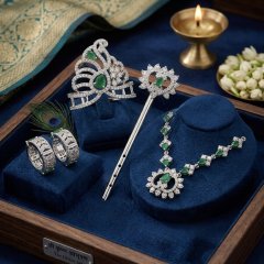 925 Silver CZ & Emerald-Green Stone "The Divine Set" Krishna Shringar